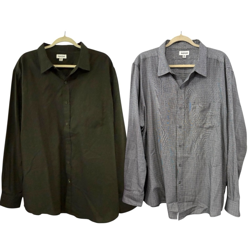 Haggar XXL Set of 2 Long Sleeve Button Down Shirts Gray & Olive Green
